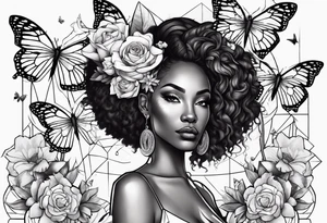 Nubian queen and lion with butterflies and flowers tattoo idea