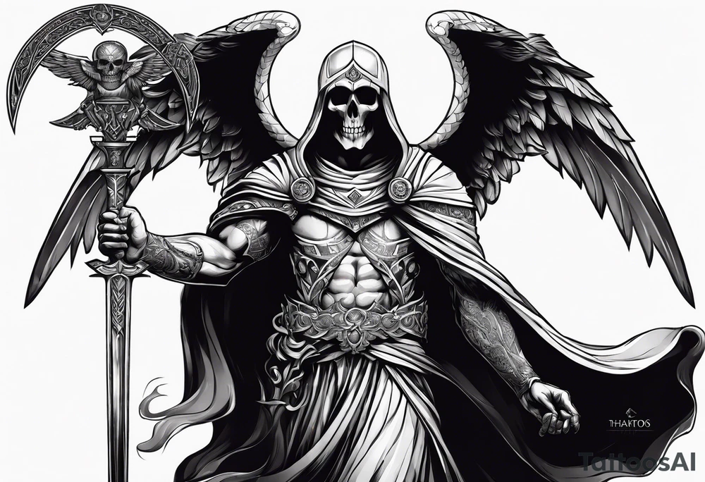 Thanatos, the greek god of death, holding a sword and a torch tattoo idea