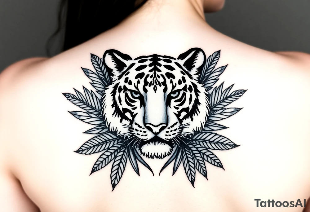 Tiger surrounded by palm leaves tattoo idea