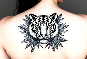 Tiger surrounded by palm leaves tattoo idea