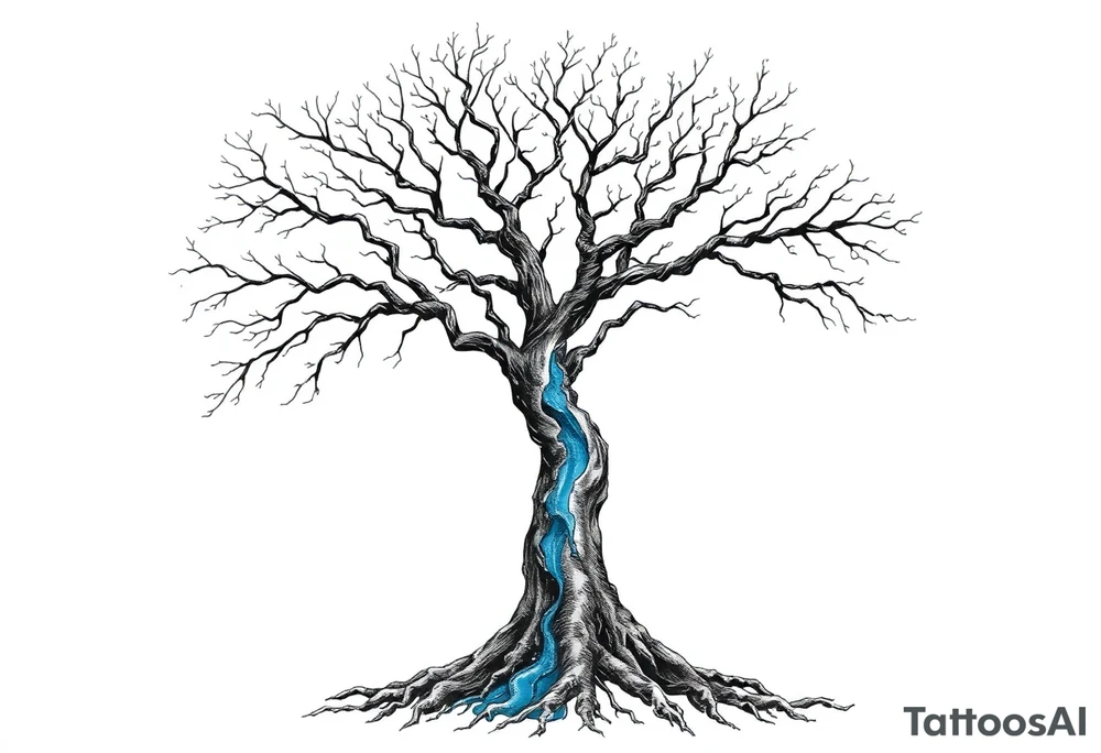 Black and white deciduos Tree with roots. Blue water inside the whole tree in many thin veins. flows from the brunches to the roots tattoo idea