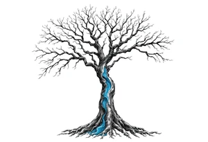Black and white deciduos Tree with roots. Blue water inside the whole tree in many thin veins. flows from the brunches to the roots tattoo idea