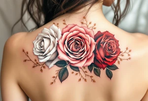 Three roses in different stages of bloom—white (beginning), pink (growth), and deep red (passion)—intertwined with golden vines. tattoo idea