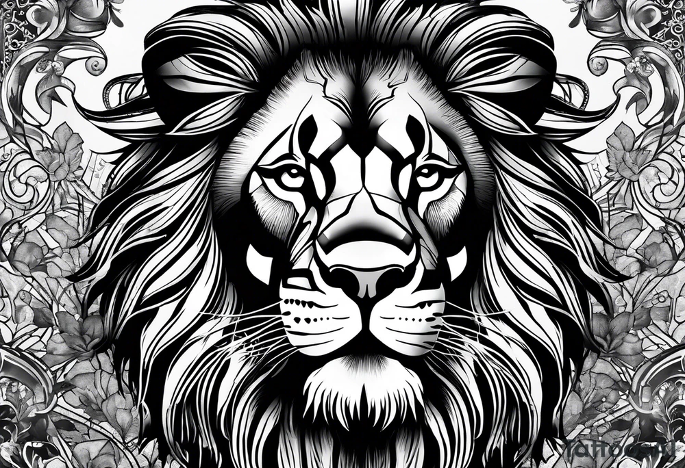 Powerful lion with artistic surroundings including my family members names, Roger, Angèle, Imani tattoo idea