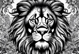 Powerful lion with artistic surroundings including my family members names, Roger, Angèle, Imani tattoo idea