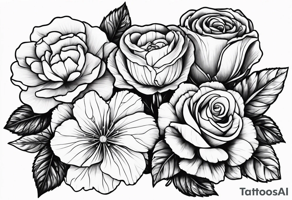 Flower heads of primrose carnation and rose together tattoo idea