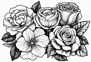 Flower heads of primrose carnation and rose together tattoo idea