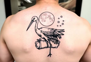 Stork carry bundle towards moon, stars tattoo idea