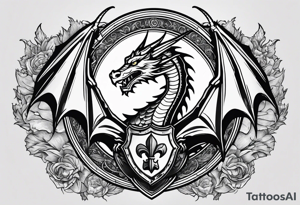 Welsh dragon holding a shield of a TEXAS star in battle tattoo idea