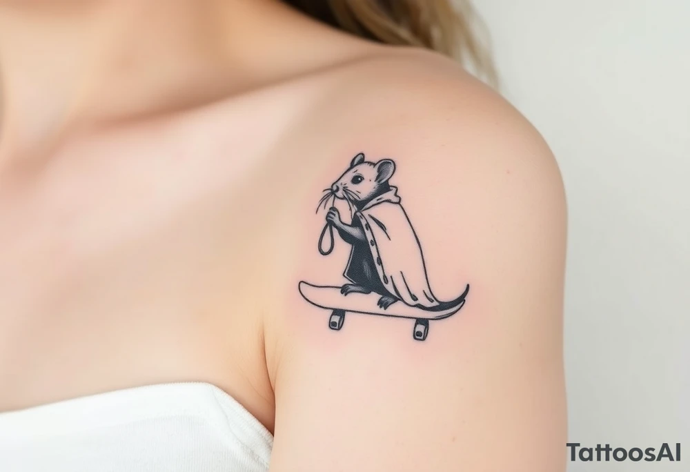 Old rat with a cloak and monocle leaning on a skatebord tattoo idea