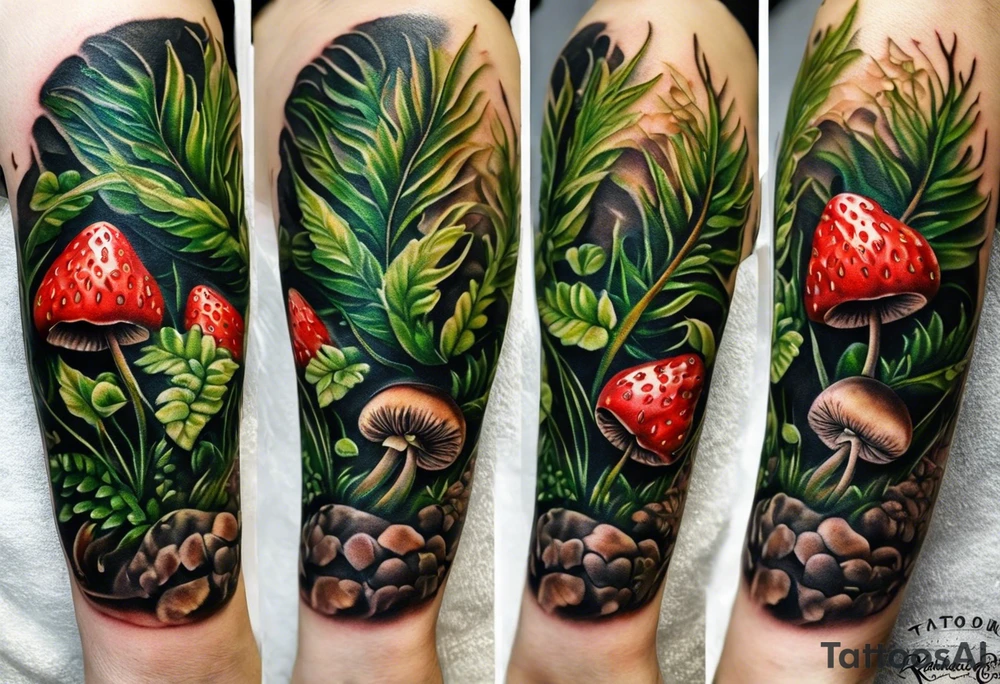 forest floor inspired realistic tattoo, which includes grass, curly ferns and dead leaves as the bulk of the tattoo. details to include: three very tiny strawberries, a tiny bumblebee flying nearby, three small brown mushrooms tattoo idea