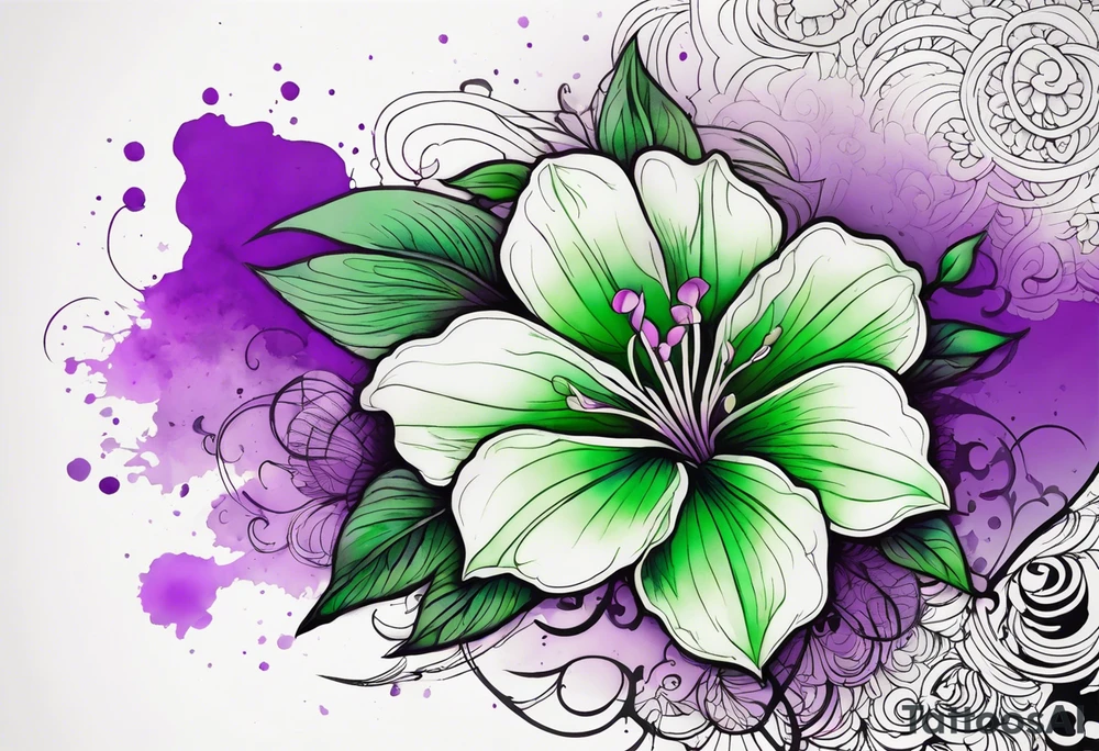 A mystical outline of a green and purple rio dipladenia flower and a green and purple watercolor splash in the background tattoo idea