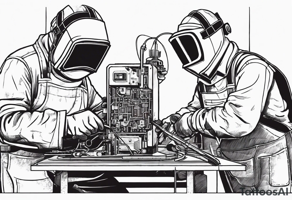 Two 60-year-old characters working together on creating a mechanism made of iron and electronic circuits. The first character is a welder, dressed in a welding suit and mask. The second character is a fitter, wearing a shirt with sleeves rolled up to the forearms and a tool belt. The mechanism they are working on should be in the center of the drawing, with the characters positioned on either side of the mechanism. The sketch should convey a sense of teamwork and craftsmanship tattoo idea