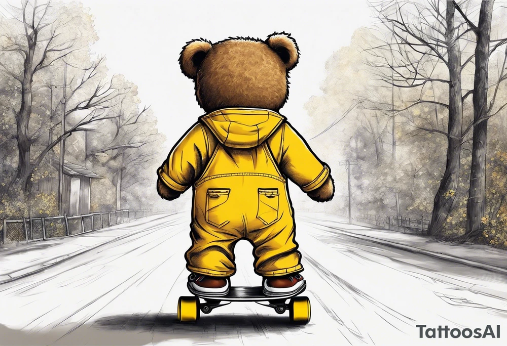 the back of one standing, skinny, brown ,
teddy bear in long, yellow overalls and white roller skates on his feet tattoo idea