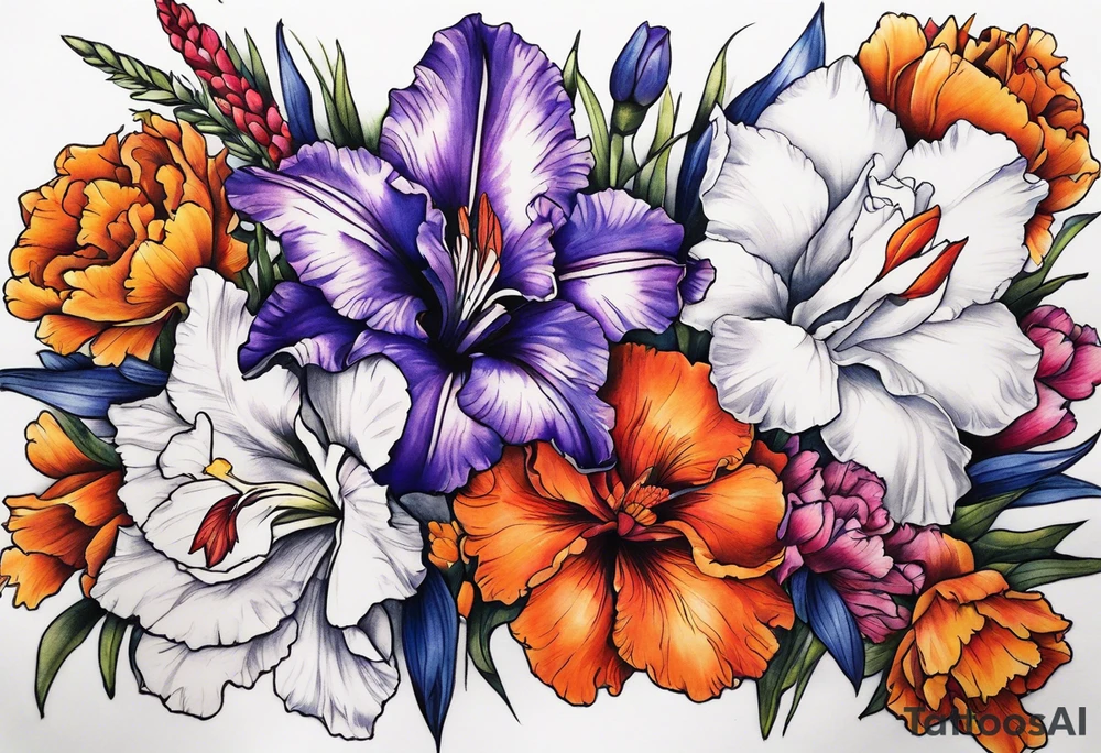 floral tattoo of purple gladiolus flowers, pink peonies, red hawthorns, orange marigold, navy blue sweet peas, and white paper white narcissus tattoo idea