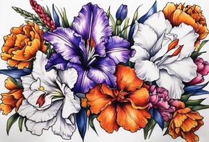 floral tattoo of purple gladiolus flowers, pink peonies, red hawthorns, orange marigold, navy blue sweet peas, and white paper white narcissus tattoo idea