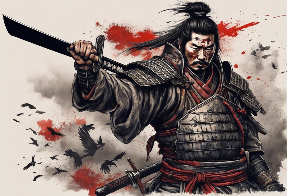A tired samurai wounded from battle holding his helmet in one hand and in the other hand his sword with a mixture of blood and dirt, wearing his dirty armour he is steeping above some body's from the battle in open field and looking vaguely to the horizon while crows are flyting above him and the corpses tattoo idea