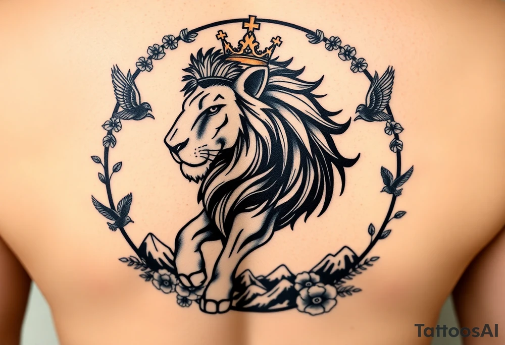 powerful majestic lion with a crown, surrounded byA golden mustang horse with black mane and legs, captured in motion inside a circle. The mountains and nature should frame the design, blending with the horse's black fur as a base to represent the landscape. Experiment with using the black fur to shape the mountains, playing with edges or interior details. floral ornaments and birds tattoo idea