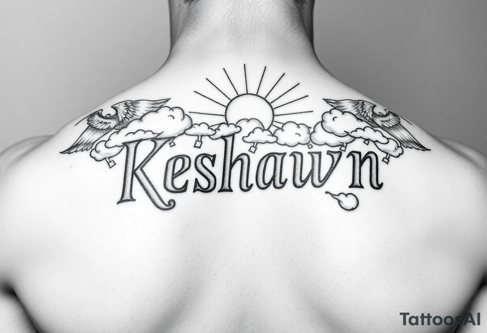 The name Keshawn with some clouds and sun rays beaming out of the clouds with angels around his name tattoo idea