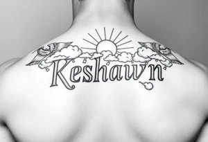The name Keshawn with some clouds and sun rays beaming out of the clouds with angels around his name tattoo idea