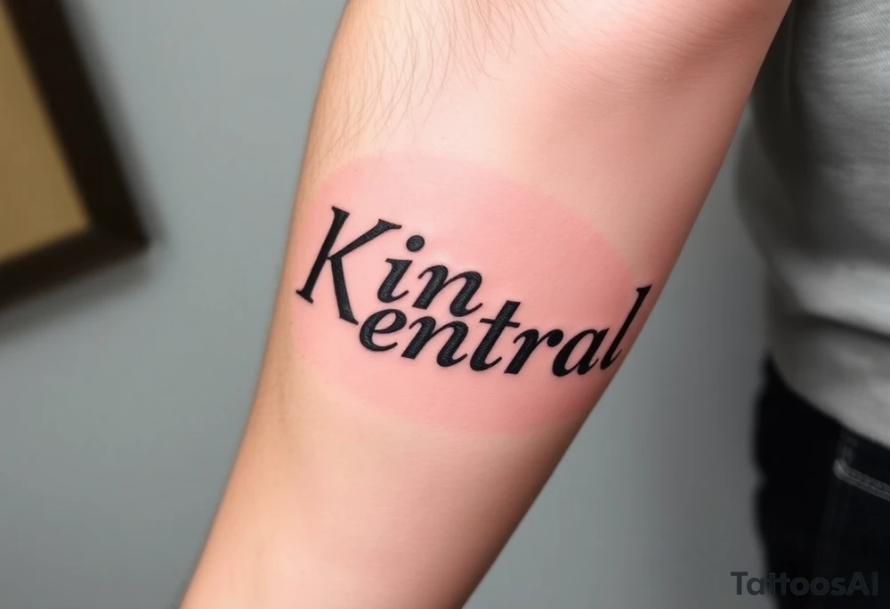 Forearm tattoo of the words kino central tattoo idea