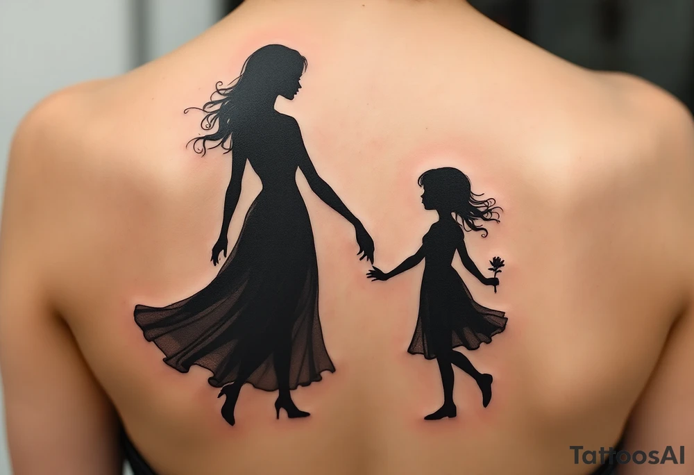 A black silhouette of a mother and young daughter walking hand in hand, the daughter holding a flower, with soft gray shading to suggest a sunset background. tattoo idea
