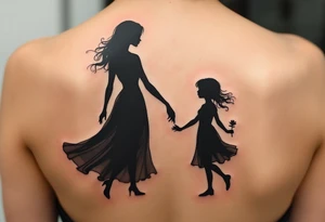 A black silhouette of a mother and young daughter walking hand in hand, the daughter holding a flower, with soft gray shading to suggest a sunset background. tattoo idea