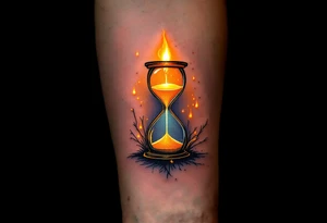 A candlelit hourglass, with melted wax forming numbers, glowing warmly against a dark background. tattoo idea