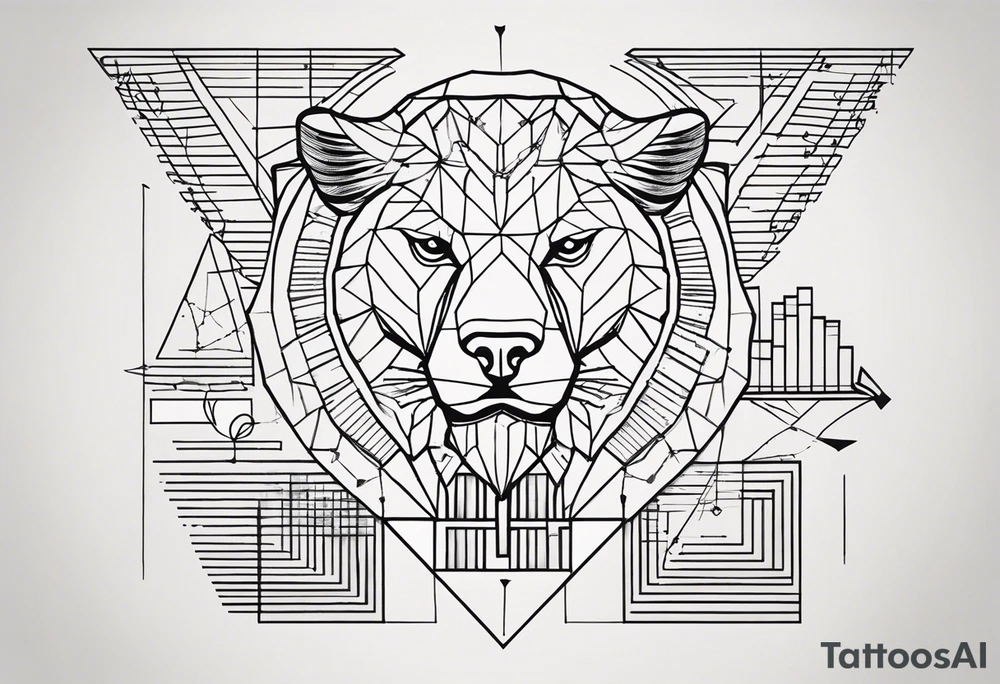 Words: Courage, determination, patience, focus, resilience. Image: Geometric eagle face, bull and bear faces divided by the financial market dump and pump. Graphics, symbols of intelligence interconnected with books and studies that represent the search for knowledge as a person guided by humanity and human philosophy. Image for the right arm and right forearm. Use geometric shapes and lines to connect images tattoo idea