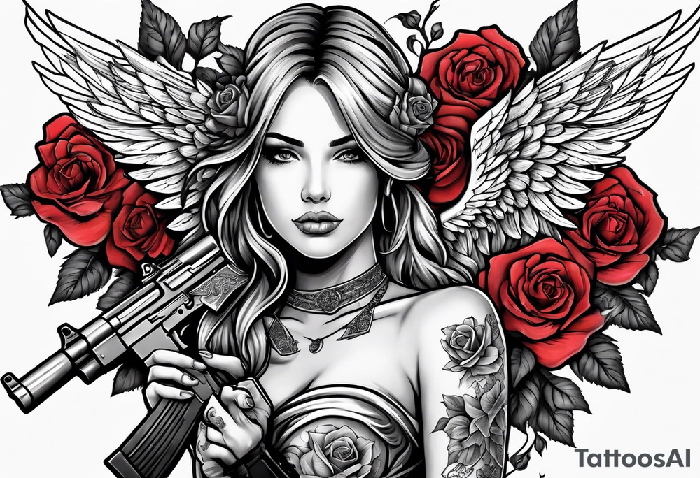 Beautiful angle standing with wings and tattoos surrounded by roses holding a ak 47 tattoo idea