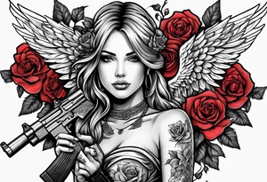 Beautiful angle standing with wings and tattoos surrounded by roses holding a ak 47 tattoo idea