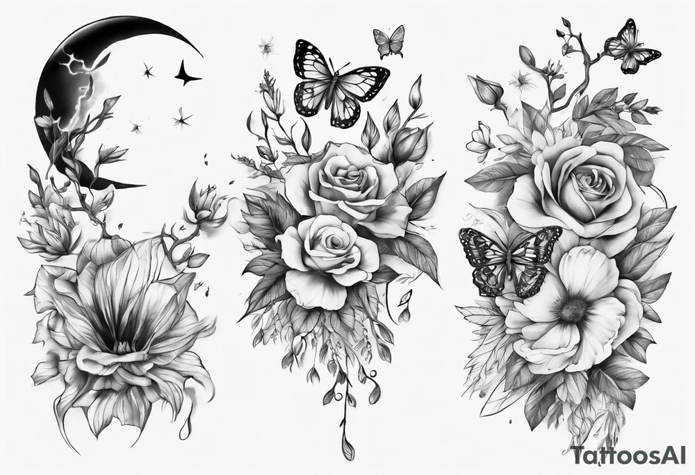 Thigh tattoo with floral and butterflies and moon. Show on thigh tattoo idea
