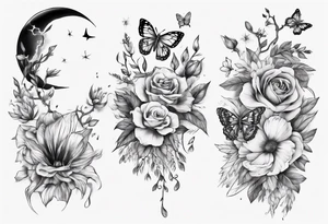 Thigh tattoo with floral and butterflies and moon. Show on thigh tattoo idea