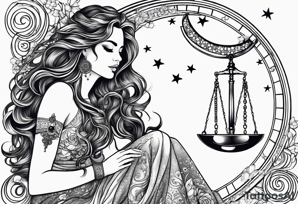 Beautiful woman with butterflies in her long wavy hair sitting on a half moon holding the libra scales with a moon and star background tattoo idea