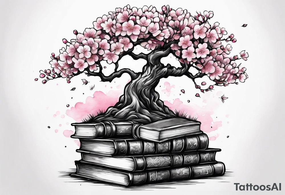 Cherry blossom tree growing out of a stack of books tattoo idea