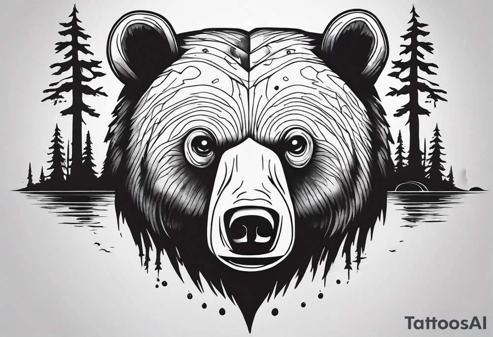 bear head right above the forest line with a lake below, full arm sleeve tattoo tattoo idea
