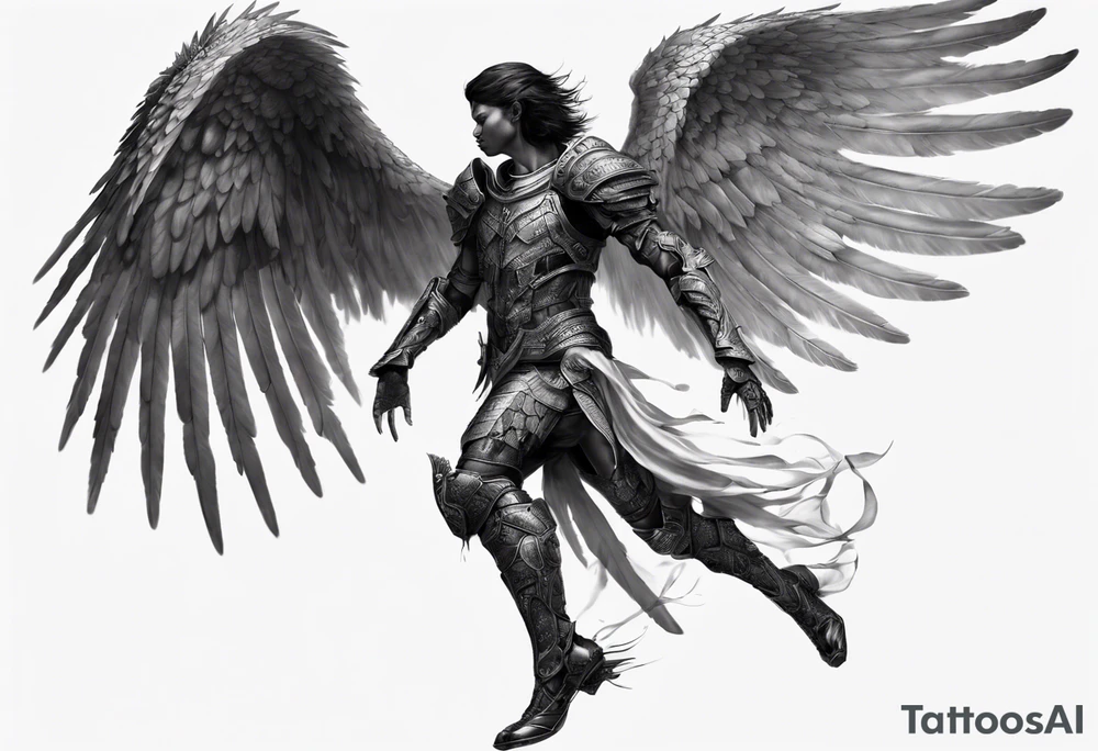 Side view of an black angel wearing inorganic armor that is in mid-air ready to attack tattoo idea