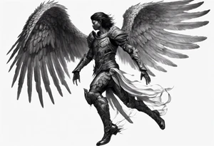 Side view of an black angel wearing inorganic armor that is in mid-air ready to attack tattoo idea