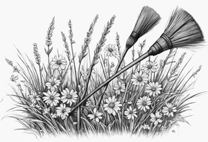 Tall broom with flowers in the straw tattoo idea