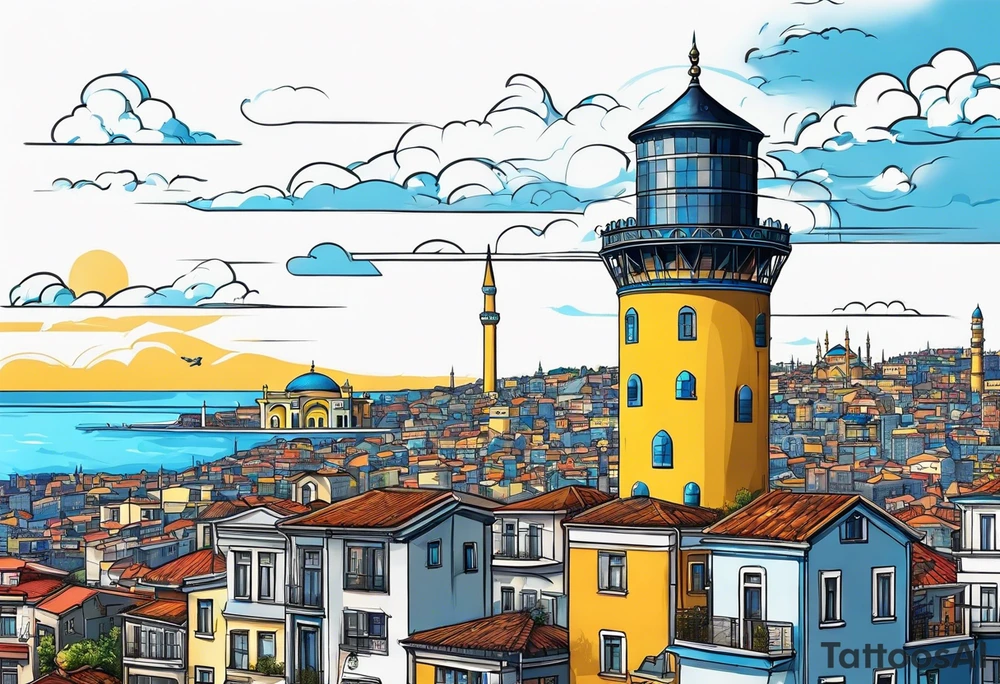 istanbul water tower with yellow blue details tattoo idea