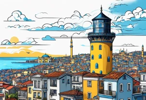 istanbul water tower with yellow blue details tattoo idea
