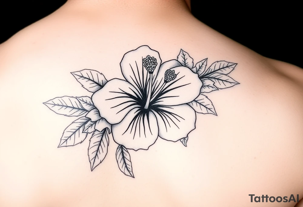 Hibiscus floral sleeve fine line tattoo idea
