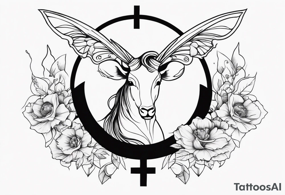 Capricorn sign and butterflies with a cross sleeve tattoo idea