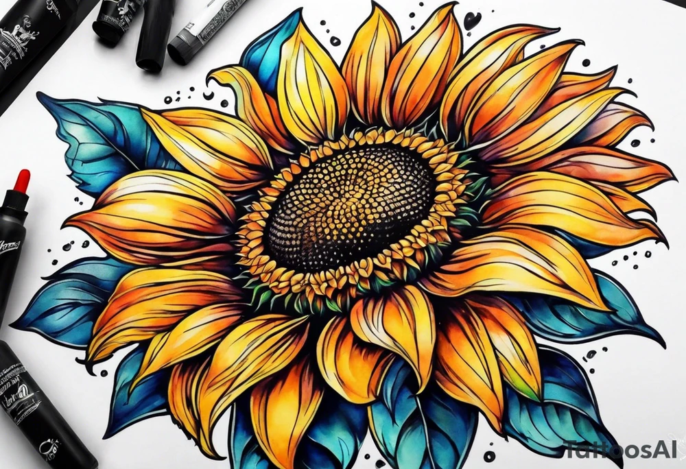 Colorful sunflower arm sleeve tattoo idea