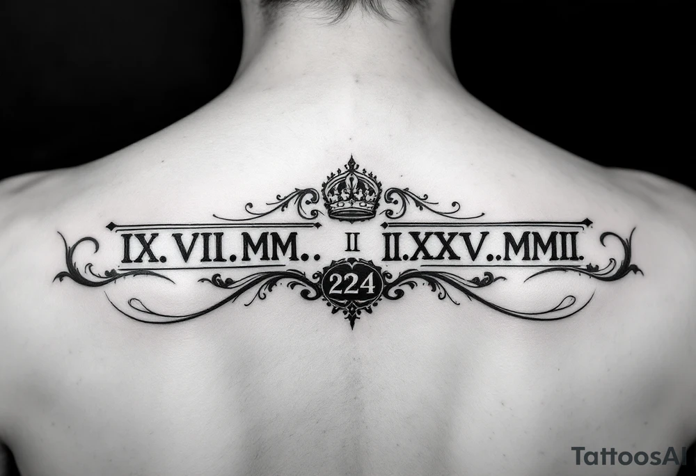 IX.VII.MM. and II.XXV.MMII with a space between them, along with the number 224 simple more artsy tattoo idea