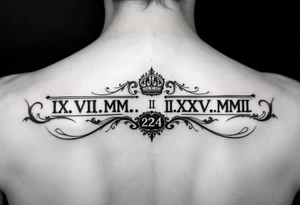 IX.VII.MM. and II.XXV.MMII with a space between them, along with the number 224 simple more artsy tattoo idea