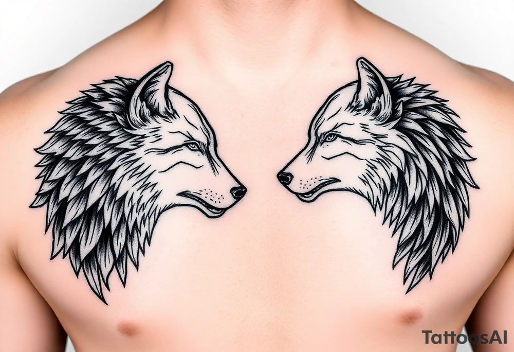 Man and woman facing each other both transforming into wolves tattoo idea