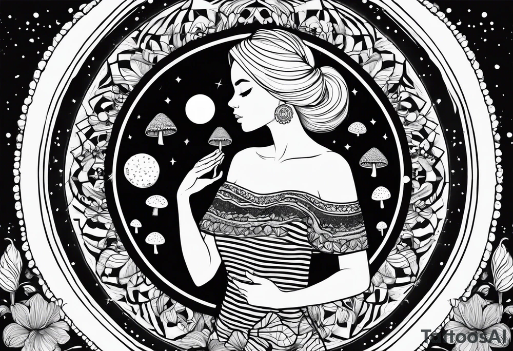 Straight blonde hair girl holding mushrooms in hand meditating facing away toward mountains surrounded by mushrooms crescent moon mandala circular design black and white striped dress tattoo idea