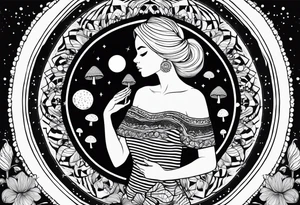Straight blonde hair girl holding mushrooms in hand meditating facing away toward mountains surrounded by mushrooms crescent moon mandala circular design black and white striped dress tattoo idea