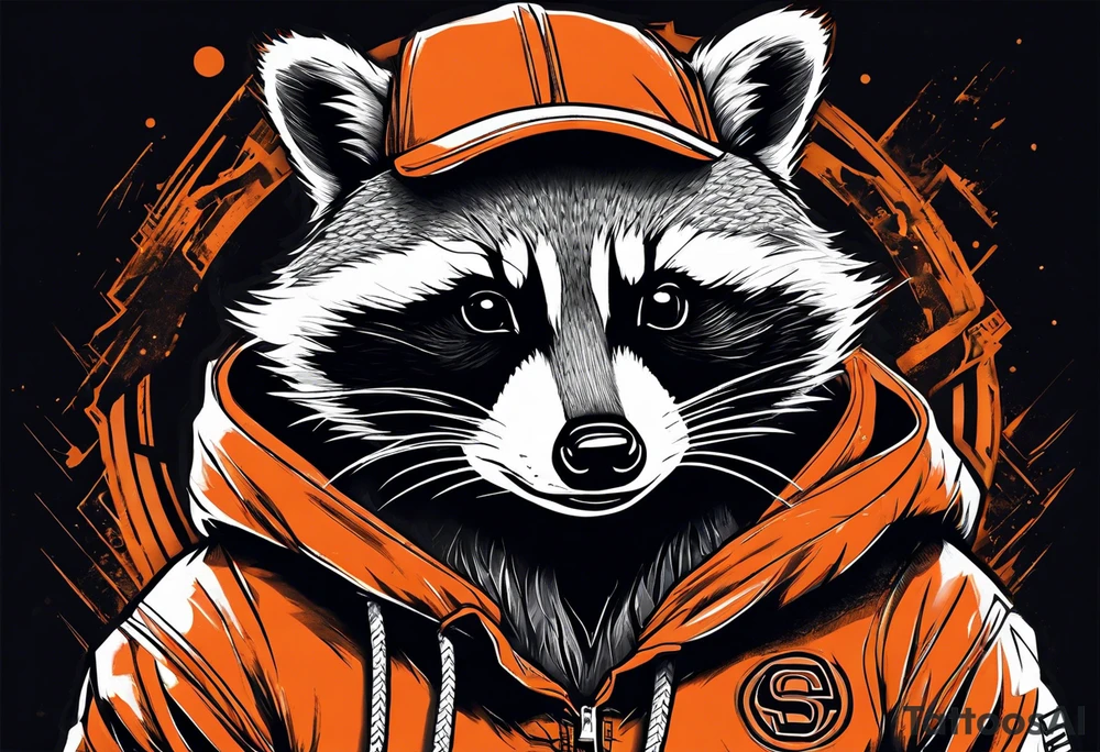 Raccoon wearing an orange Superman hoodie tattoo idea